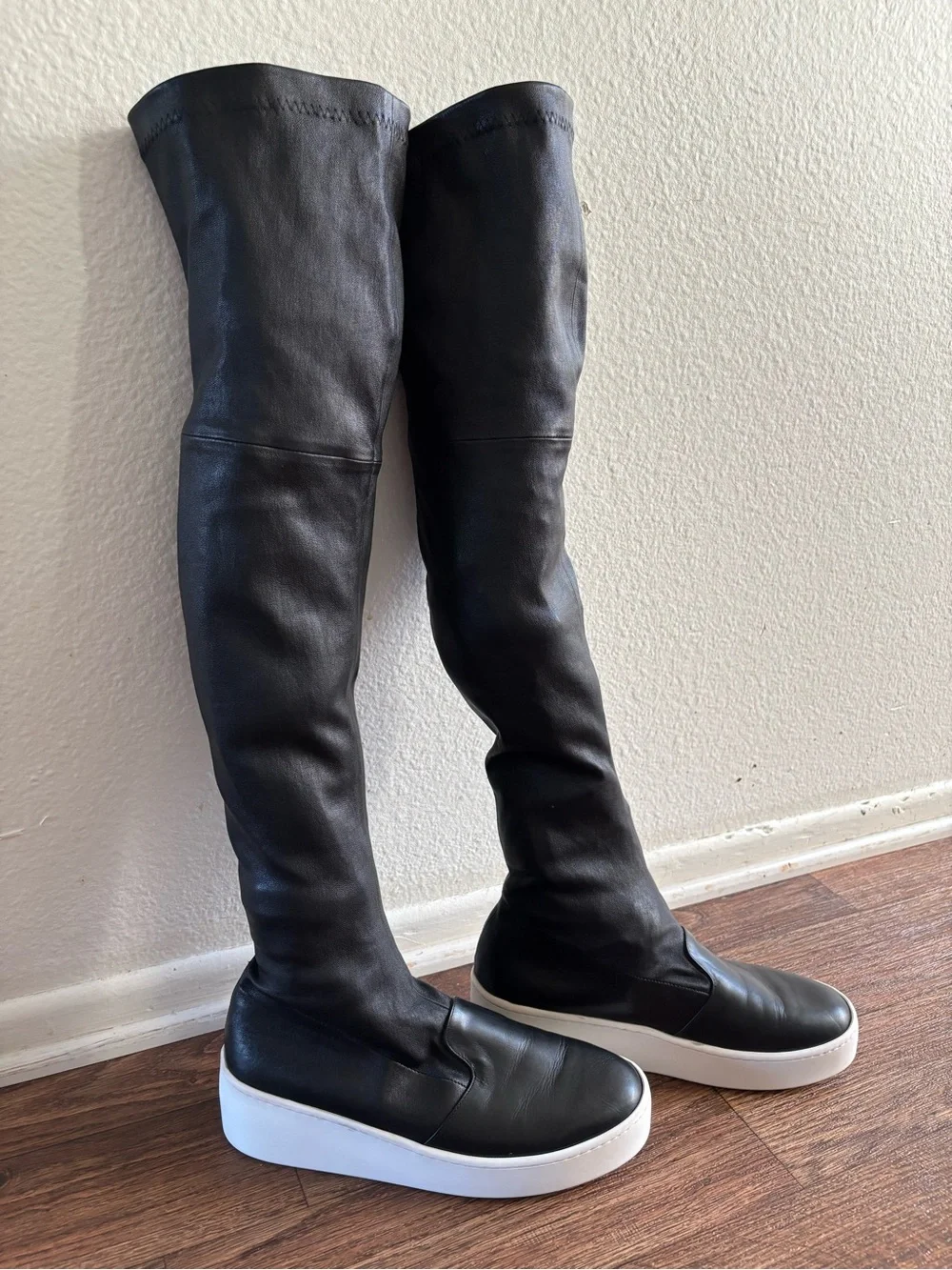 Robert Clergerie Black Leather Over-the-Knee Boots with White Platform Soles